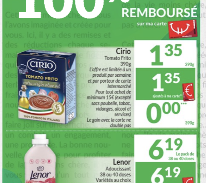 Deux produits : Cirio et Lenor 100% remboursé sur la carte Intermarché