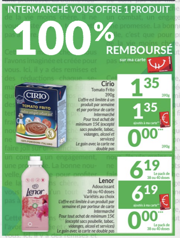 Deux produits : Cirio et Lenor 100% remboursé sur la carte Intermarché