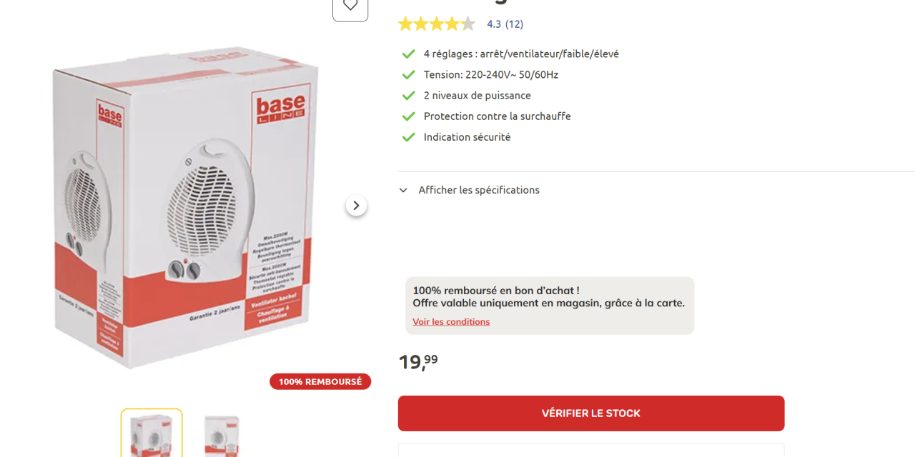 Brico Chauffage soufflant Baseline blanc 2000W 100% remboursé en bon d&rsquo;achat