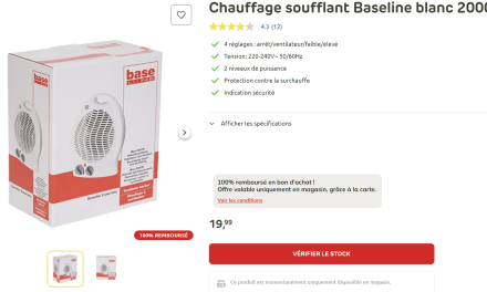 Brico Chauffage soufflant Baseline blanc 2000W 100% remboursé en bon d&rsquo;achat