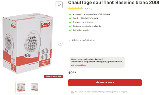 Brico Chauffage soufflant Baseline blanc 2000W 100% remboursé en bon d&rsquo;achat