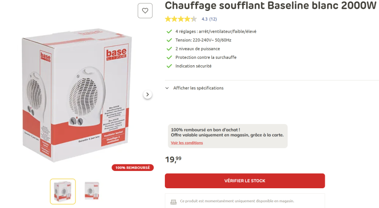 Brico Chauffage soufflant Baseline blanc 2000W 100% remboursé en bon d&rsquo;achat