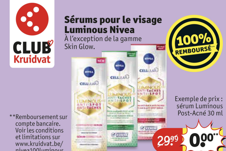 Kruidvat – Nivea Sérum visage Luminous – 100% remboursé